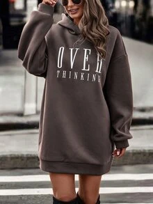 SHEIN LUNE 字母圖案落肩連帽衛衣洋裝 - 巧克力棕 - 查看 6