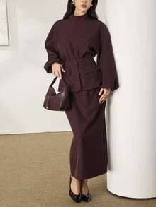 Heiryn Mock Neck Lantern Sleeve Top & Peplum Pencil Skirt Set - Burgundy - View 6