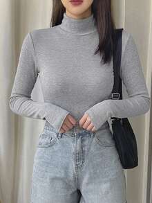 DAZY Solid High Neck Ribbed Knit Slim Fit Tee - Grey - View 2