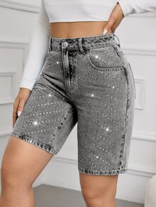 SHEIN Tall 水鑽裝飾牛仔短褲 - 淺灰色 - 查看 4