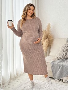 Plussiva Plus Size Maternity Split Thigh Ribbed Knit Dress - Brown - View 6