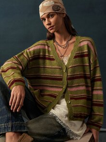 Bohemela Contrast Striped Pattern Drop Shoulder Oversize Cardigan - Green - View 2