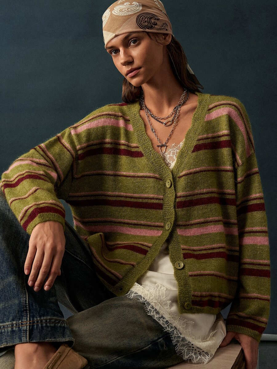 Bohemela Contrast Striped Pattern Drop Shoulder Oversize Cardigan - Green - View 1