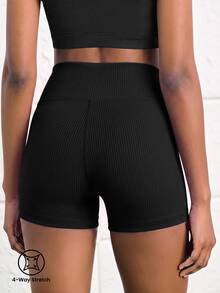 SHEIN Shorts de ciclista de punto acanalado con cintura asimétrica para niña preadolescente - Negro - Ver 2