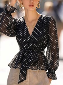SHEIN Polka Dot Print Flounce Sleeve Belted Top - Black and White - View 5