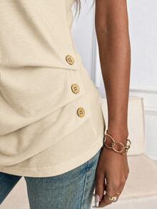 SHEIN Clasi Camiseta de cuello en V con detalle de botones de color sólido - Albaricoque - Ver 5