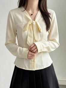 DAZY Solid Tie Neck Button Through Blouse - White - View 4