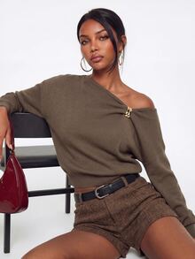 Avantive Solid Asymmetrical Neck Knit Top - Coffee Brown - View 6