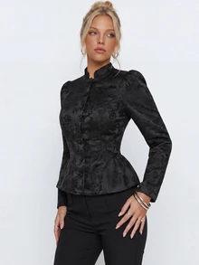 Avantive Floral Jacquard Peplum Hem Satin Jacket - Black - View 6