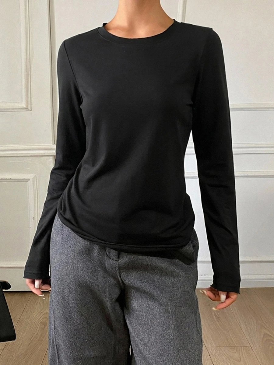 DAZY Solid Round Neck Long Sleeve Tee - Black - View 1