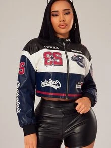 Radiana Plus Letter Graphic Colorblock Drop Shoulder PU Leather Crop Jacket Autumn - Blue - View 4