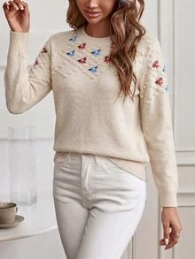 Sprig & Strand Floral Embroidery Drop Shoulder Popcorn Knit Sweater - Apricot - View 6