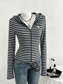 Elamini Women's Autumn/Winter Comfy And Cozy Striped Zip Through Hooded Jacket. - Black - View 3