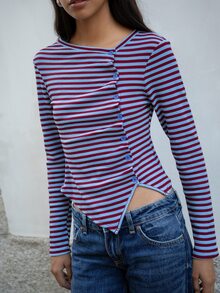 Nöista Atasan Rajut Slim Fit Bergaris dengan Hem Asimetris. Gaya Y2K, Musim Gugur/Musim Dingin, Kasual, Kencan, Jalan-jalan. - Biru - View 3