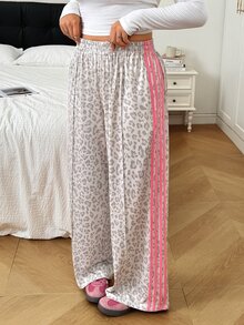 SHEIN EZwear Plus Leopard Print Contrast Side Seam Wide Leg Sweatpants - Multicolor - View 1