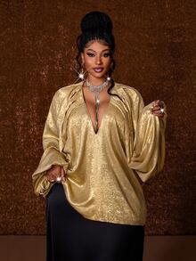 Maweii Blusas de Talla Grande Otoño - Dorado - Ver 2