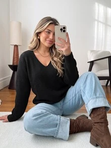 Vionelle Sweater Ukuran Besar untuk Makan Malam Formal, Kencan Malam, Malam Hari, Hitam Putih, Musim Gugur, Kasual, Peri, Peri, Imut, Musim Dingin - Hitam - View 2