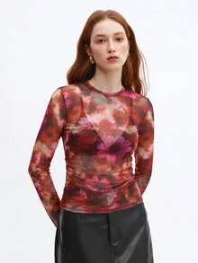 BizChic Pink Floral Mesh Top Without Bra Night Out Party Autumn Sexy - Orange - View 1