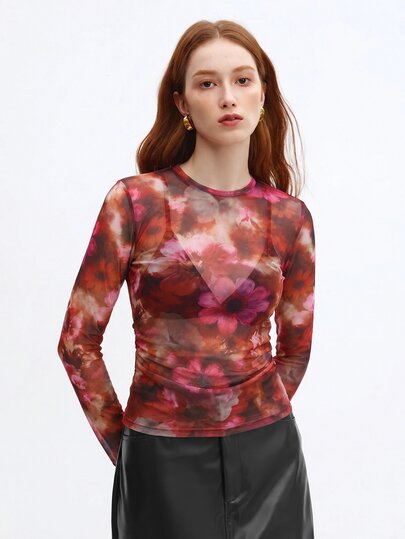 BizChic Pink Floral Mesh Top Without Bra Night Out Party Autumn Sexy