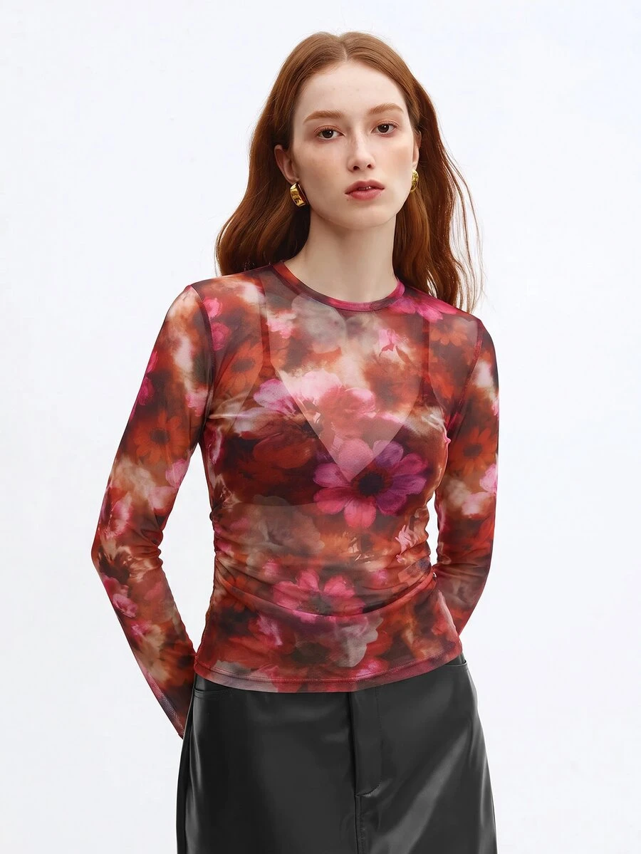 BizChic Pink Floral Mesh Top Without Bra Night Out Party Autumn Sexy - Orange - View 1