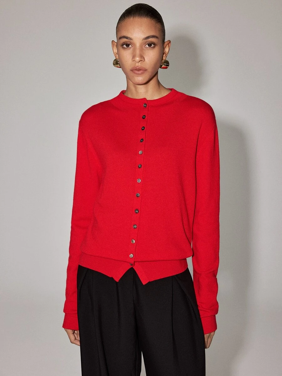 Anewsta Essential Solid Button Front Sweater - Red - View 1