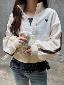 FRIFUL Sweatshirt Bermotif Hati dengan Hiasan Ruffle, Bahu Longgar, dan Resleting, Cocok untuk Musim Gugur, Sehari-hari di Sekolah, Warna Putih Gading, Lucu, dan Romantis. - Aprikot - View 8