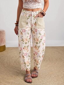 EMERY ROSE Quần jeans ống đứng size lớn họa tiết hoa, 2 túi - Màu be - Xem 5