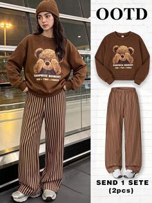 SHEIN 女童（大）T卹套裝 - 棕色 - 查看 6
