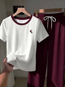 SHEIN EZwear 人體圖案對比滾邊上衣與抽繩腰寬褲套裝 - 酒紅色 - 查看 4