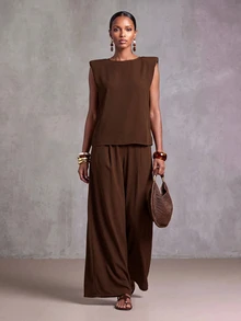 Zivah Shoulder Pad Tank Top & Belted Wide Leg Pants - Brown - View 7