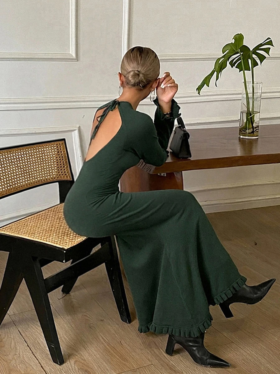 DAZY Tie Backless Ruffle Mermaid Hem Sweater Dress Fall - Green - View 1