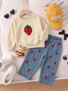SHEIN 女嬰草莓刺繡運動衫與牛仔褲套裝 - 彩色 - 查看 4