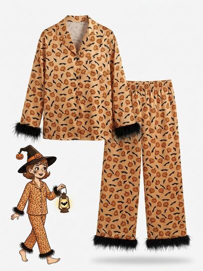 DAZY Halloween Allover Print Fuzzy Trim Satin PJ Set