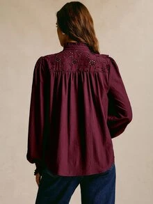 CielaLinda Schiffy Insert Ruffle Trim Lantern Sleeve Shirt - Burgundy - View 2
