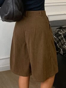 DAZY Solid Cord High Waist Plicated Detail Bermuda Shorts - Brown - View 2