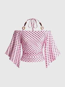 ROMWE Hippie Polka Dot Print Off Shoulder Halter Neck Flutter Sleeve Tee - Pink - View 1