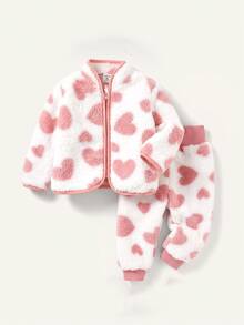 SHEIN Baby Girl Heart Pattern Contrast Binding Teddy Jacket & Pants - Pink - View 1