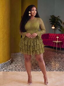 Veslaya Plus Ruffle Hem Lace Dress Fall - Army Green - View 7