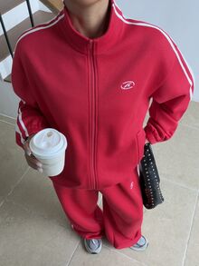 DAZY Striped Tape Drop Shoulder Zip Up Sweatshirt & Sweatpants Lounge Sets For Women - Red - View 3