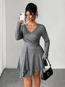 Elenzga Plus Size Dresses Formal Evening Gray Autumn Casual Elegant - Dark Grey - View 2