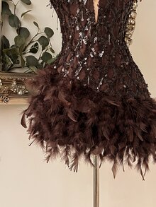 Lovelzi Elegant Coffee Brown Sequin Embroidered Feather Fringe Strapless Sweetheart Corset A Line Short Mini Prom Homecoming Cocktail Formal Evening Dress - Coffee Brown - View 2