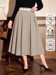SHEIN Clasi Rok Lipit Pinggang Tinggi Tanpa Sabuk - Khaki - View 1