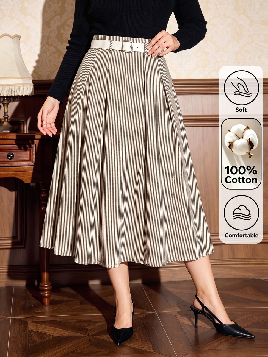 SHEIN Clasi Rok Lipit Pinggang Tinggi Tanpa Sabuk - Khaki - View 1