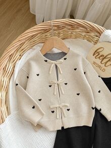 SHEIN Baby Girl Heart Pattern Cardigan & Knit Pants - Apricot - View 3