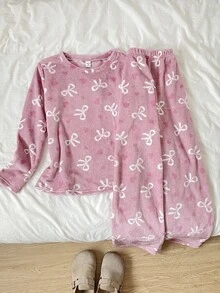 SHEIN Teen Girl Fall Winter Bow Heart Pattern Flannel Pajamas Set - Dusty Pink - View 2