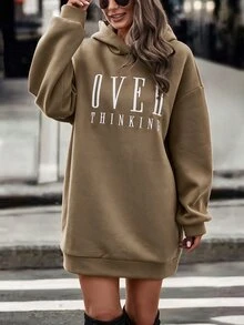 SHEIN Letter Graphic Drop Shoulder Oversize Hooded Sweatshirt Dress - Khaki - View 5