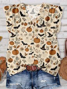 SHEIN LUNE V-Neck Halloween Print Ruffle Armhole Blouse - Multicolor - View 1