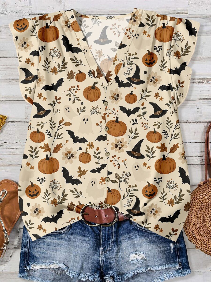 SHEIN LUNE V-Neck Halloween Print Ruffle Armhole Blouse - Multicolor - View 1