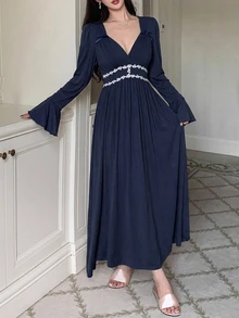 DAZY Contrast Lace Trim Flounce Sleeve Sleep Dress - Navy Blue - View 4