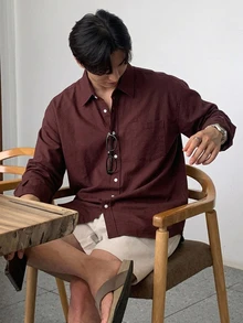 DAZY 男士純色口袋拼接襯衫 秋季 - 鏽棕色 - 查看 4